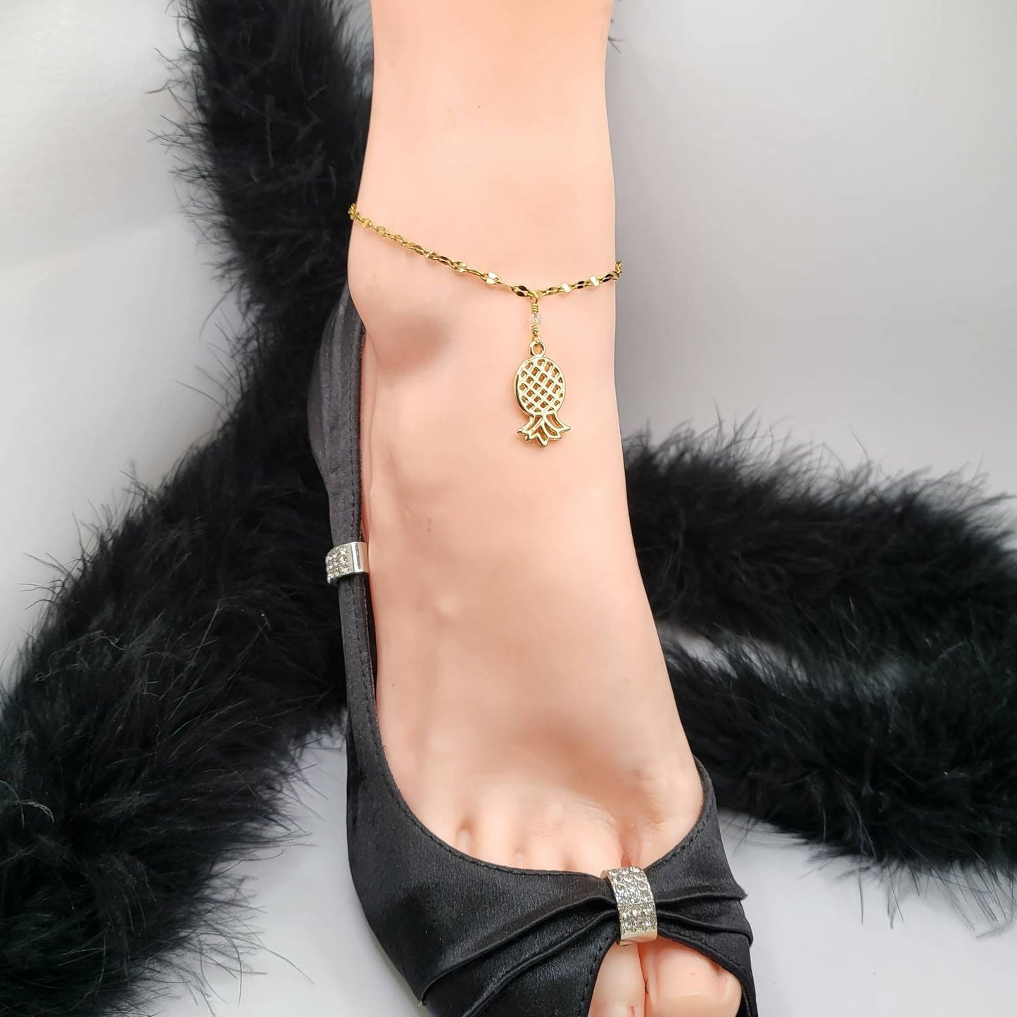 Upside-Down Pineapple Gold Plated Sequin Stainless Steel Chain Swingers Anklet, HotWife Anklet