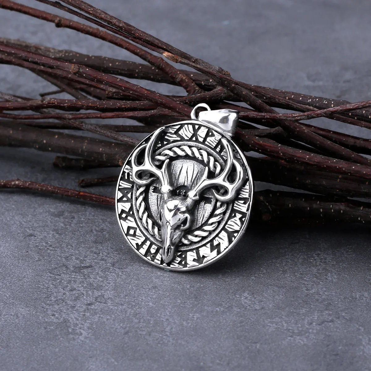 Stag Stainless Steel Disc Pendant, Necklace, Lifestyle Jewelry, Stag/Vixen Lifestyle - New 2023